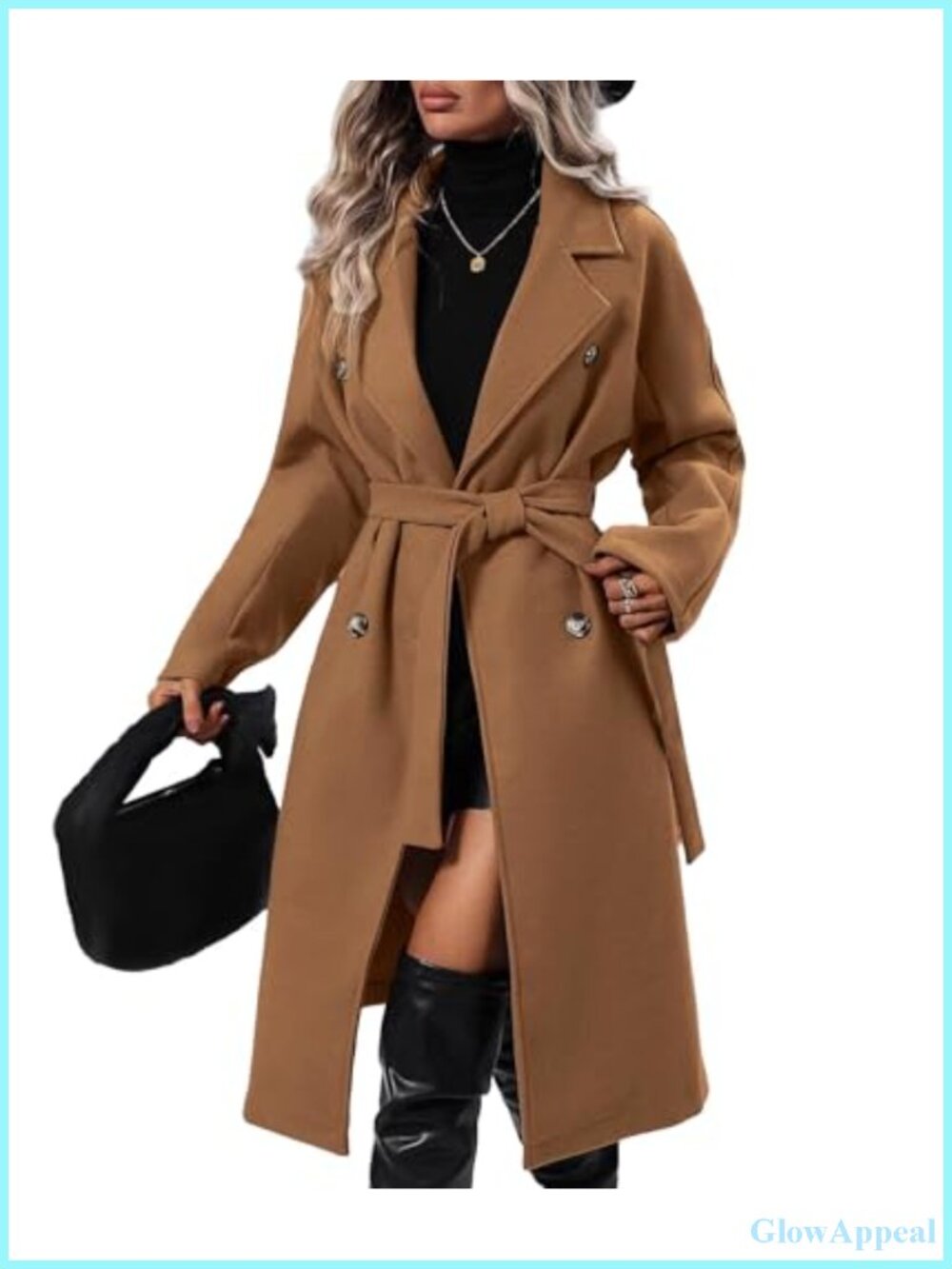 Elegant Long Wool Pea Coat Double Breasted Notch Lapel Belted A Line Winter